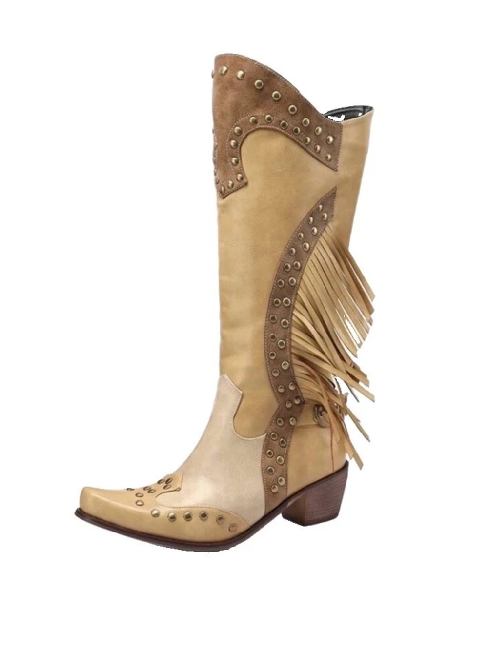 Womens Studded Tassel Mid Calf Cuban Heel Leather Boots Cowboy Shoes Punk Gothic